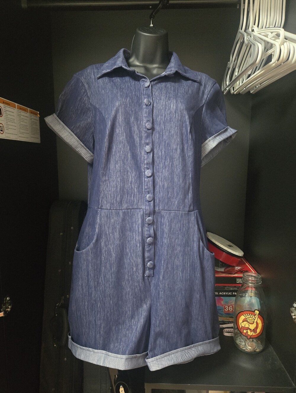 Unique Vintage Denim Button-Down Short Sleeve Romper Playsuit XL